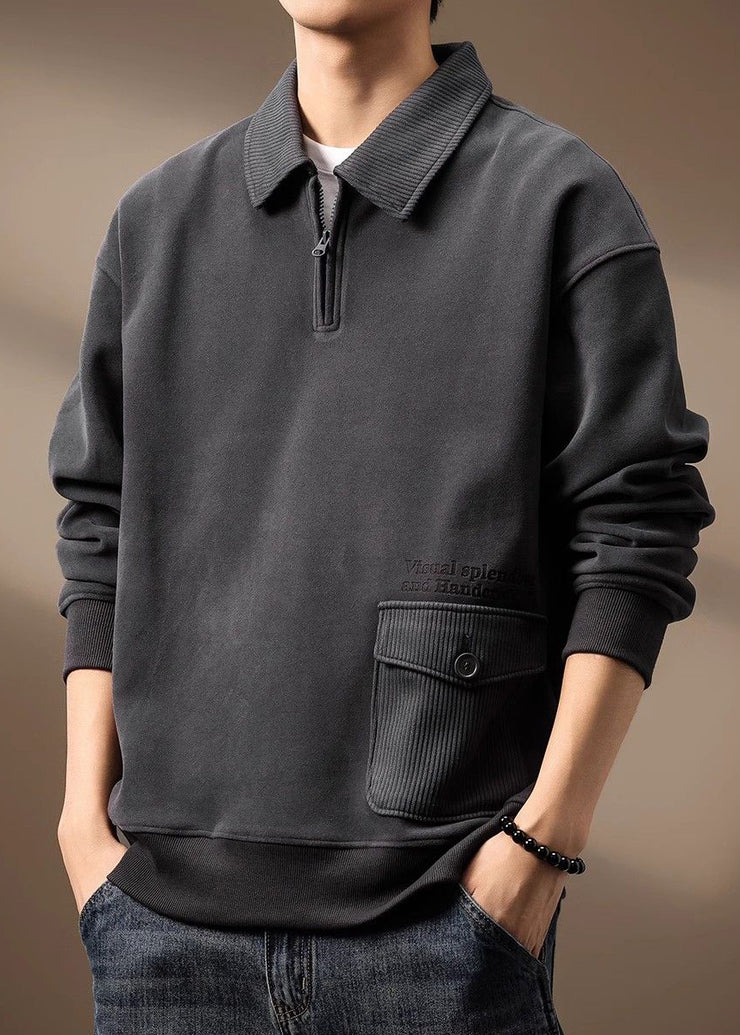 Loose Grey Zip Up Pockets Cotton Men Sweatshirt Spring