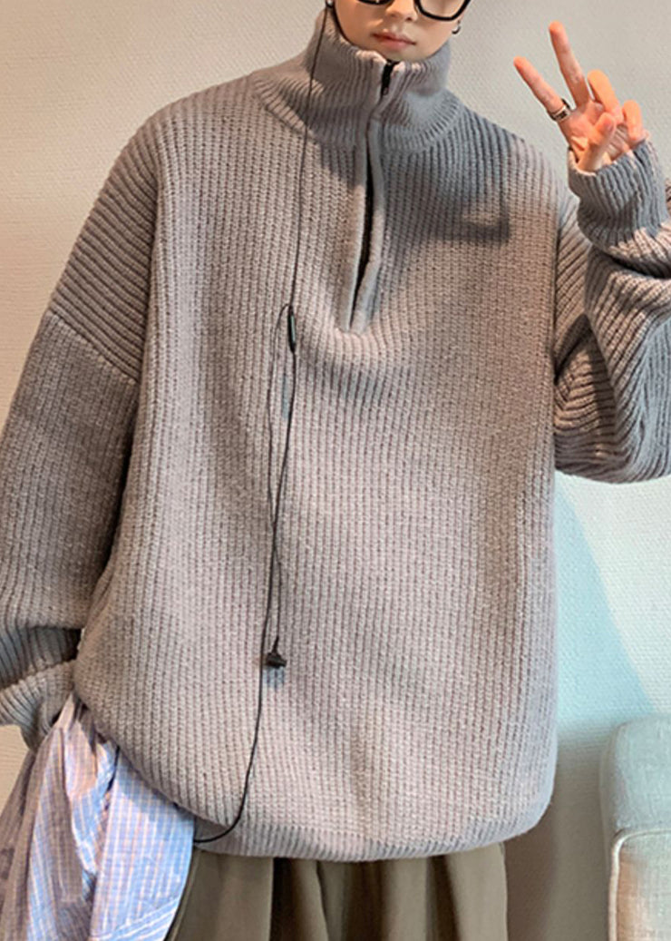 Loose Grey Zip Up Solid Knit Men Sweater Turtleneck Winter