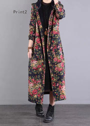 Loose Hooded Button Print Patchwork Fine Cotton Filled Coat Winter