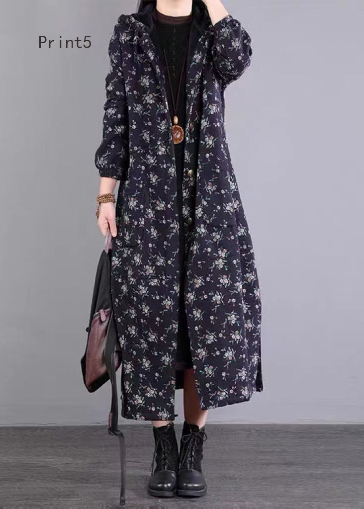 Loose Hooded Button Print Patchwork Fine Cotton Filled Coat Winter