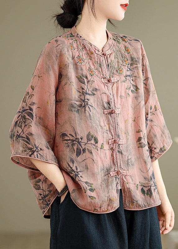 Loose Inki Pink Print Button Shirt Spring