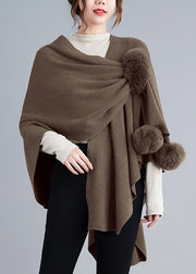 Loose Khaki Asymmetrical Fuzzy Ball Patchwork Knit Cape Coats Fall