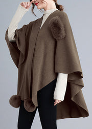 Loose Khaki Asymmetrical Fuzzy Ball Patchwork Knit Cape Coats Fall