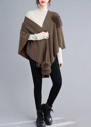 Loose Khaki Asymmetrical Fuzzy Ball Patchwork Knit Cape Coats Fall