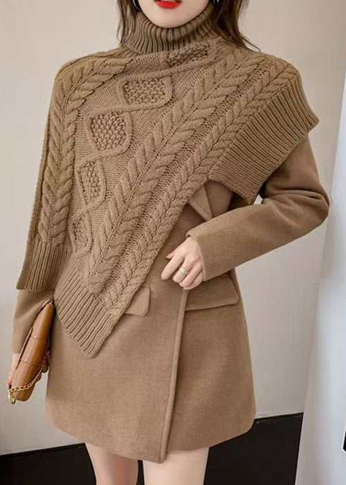 Loose Khaki Asymmetrical Knit Cape Tops And Coat Woolen Two-Piece Set Spring