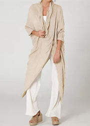 Loose Khaki Asymmetrical Wrinkled Cotton Blouses Long Sleeve