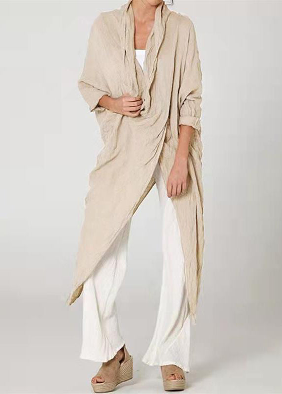 Loose Khaki Asymmetrical Wrinkled Cotton Blouses Long Sleeve