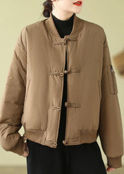 Loose Khaki Button Pockets Cotton Filled Parka Long Sleeve