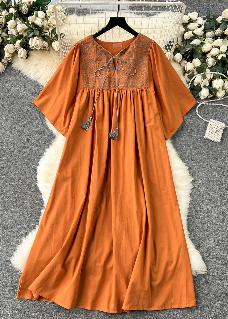 Loose Khaki Embroidered Lace Up Cotton Dress Summer