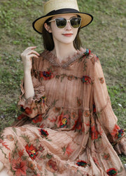 Loose Khaki Embroideried Patchwork Ruffled Silk Hooded Dress Spring