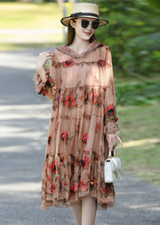 Loose Khaki Embroideried Patchwork Ruffled Silk Hooded Dress Spring