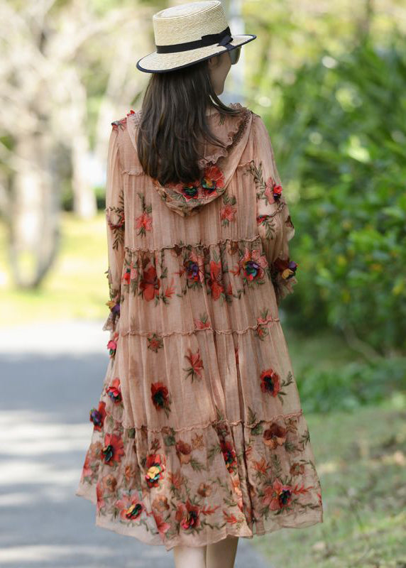 Loose Khaki Embroideried Patchwork Ruffled Silk Hooded Dress Spring