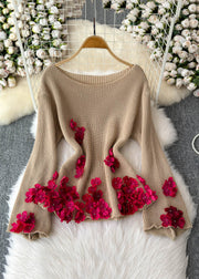 Loose Khaki Floral Patchwork Knit Pullover Sweater Flare Sleeve