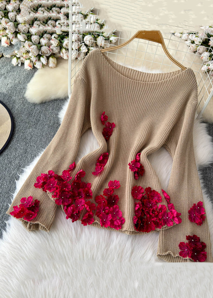 Loose Khaki Floral Patchwork Knit Pullover Sweater Flare Sleeve