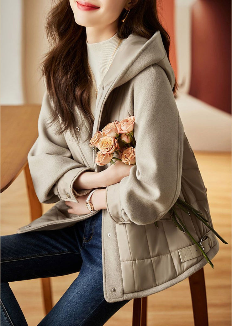 Loose Khaki Hooded Button Pockets Thick Coat Winter