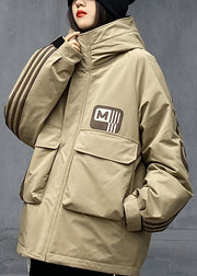 Loose Khaki Hooded Pockets Patchwork Duck Down Coat Winter