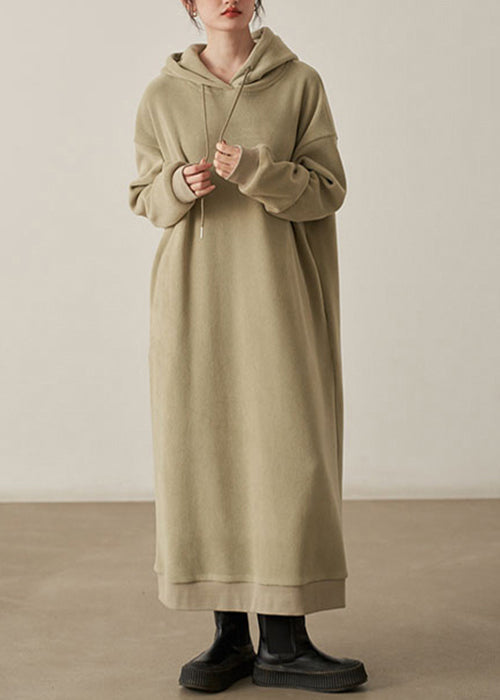 Loose Khaki Hooded Pockets  Woolen Long Dresses Fall