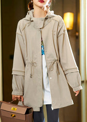 Loose Khaki Hooded Zippered Drawstring Cotton Coats Spring