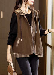 Loose Brown Hooded Zippered Patchwork Corduroy Waistcoat Sleeveless