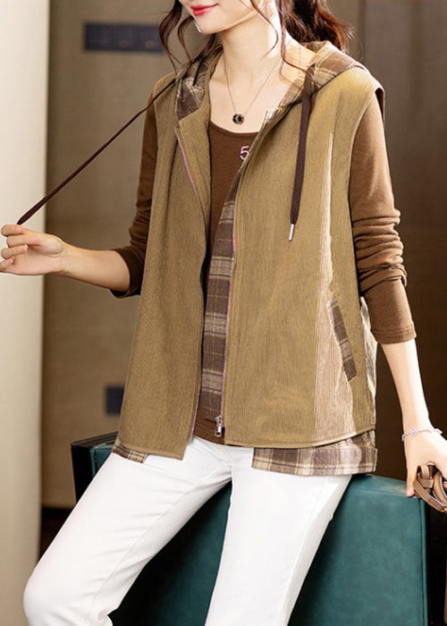 Loose Brown Hooded Zippered Patchwork Corduroy Waistcoat Sleeveless