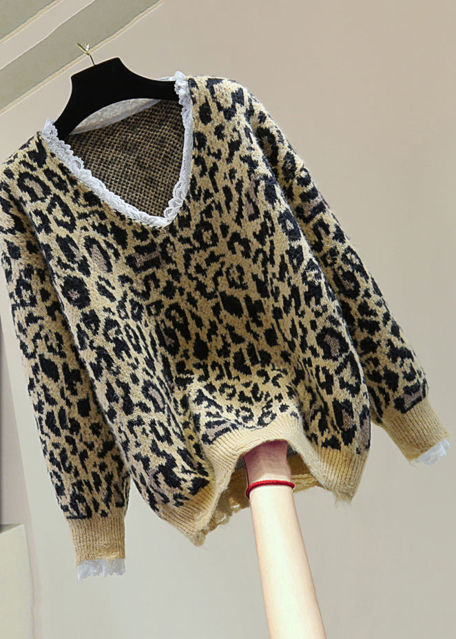 Loose Khaki Leopard Lace Patchwork Hole Cozy Cotton Knit Sweater Winter