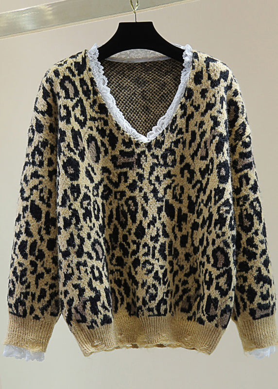 Loose Khaki Leopard Lace Patchwork Hole Cozy Cotton Knit Sweater Winter