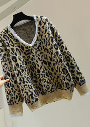 Loose Khaki Leopard Lace Patchwork Hole Cozy Cotton Knit Sweater Winter