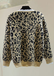 Loose Khaki Leopard Lace Patchwork Hole Cozy Cotton Knit Sweater Winter