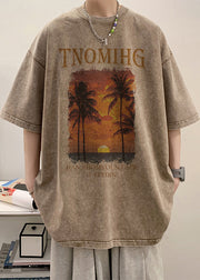 Loose Khaki O Neck Print Cotton Men's T Shirts Summer