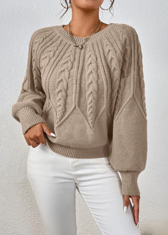 Loose Khaki O-Neck Solid Cable Knit Sweater Spring