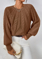 Loose Khaki O-Neck Solid Cable Knit Sweater Spring