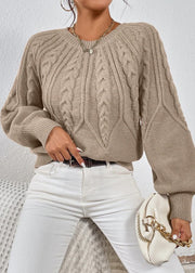 Loose Khaki O-Neck Solid Cable Knit Sweater Spring