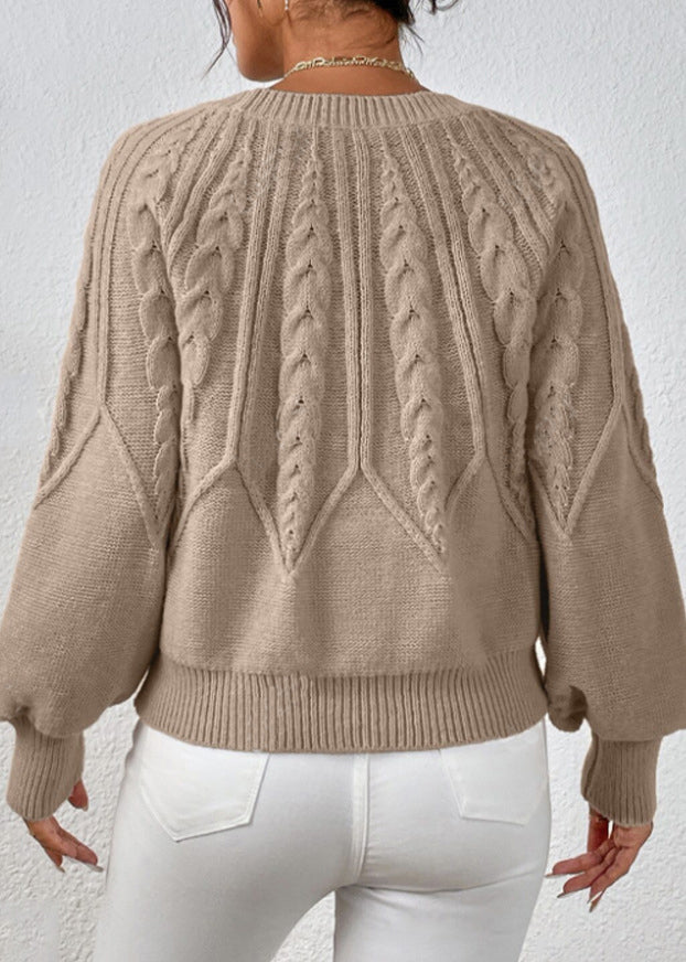 Loose Khaki O-Neck Solid Cable Knit Sweater Spring