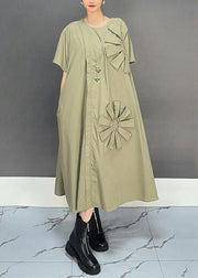 Loose Khaki O Neck Solid Patchwork Cotton Dress Summer