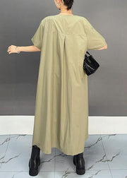 Loose Khaki O Neck Solid Patchwork Cotton Dress Summer