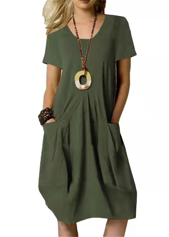 Loose Khaki O-Neck Wrinkled Solid Linen Long Dresses Short Sleeve