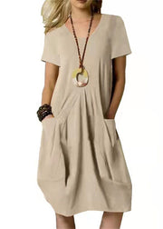 Loose Khaki O-Neck Wrinkled Solid Linen Long Dresses Short Sleeve