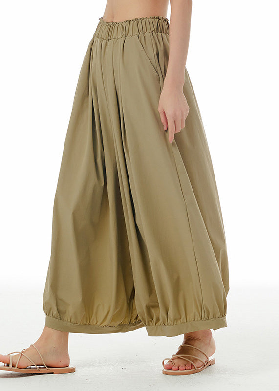 Loose Khaki Patchwork Elastic Waist Wide Leg Pants Summer