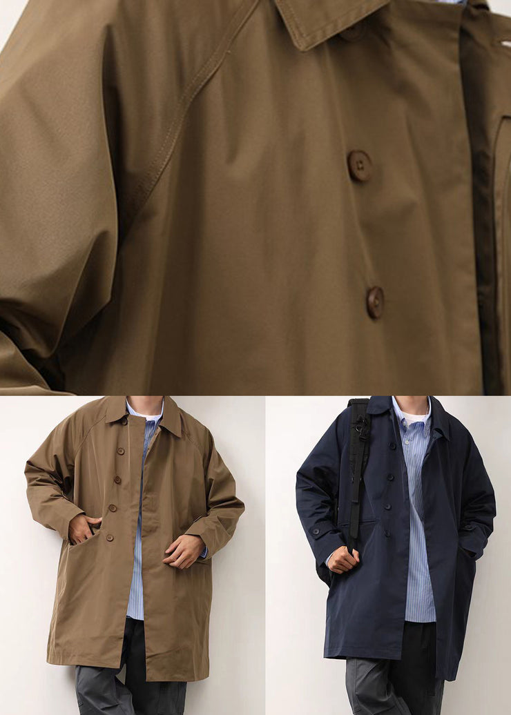 Loose Khaki Peter Pan Collar Button Cotton Men Coat Spring