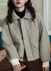 Loose Khaki Peter Pan Collar Pockets Plaid Button Warm Parka Long Sleeve