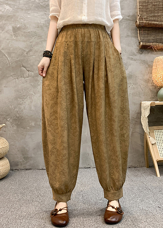 Loose Khaki Pockets Elastic Waist Cotton Crop Pants Summer