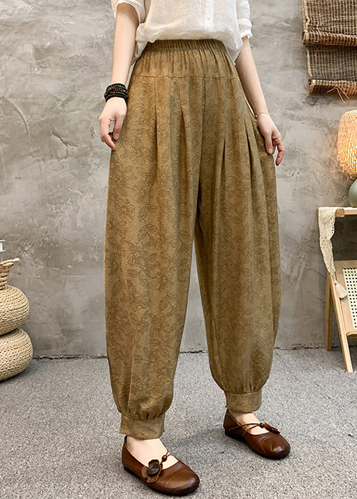 Loose Khaki Pockets Elastic Waist Cotton Crop Pants Summer