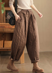 Loose Khaki Pockets Elastic Waist Cotton Filled Crop Pants Winter