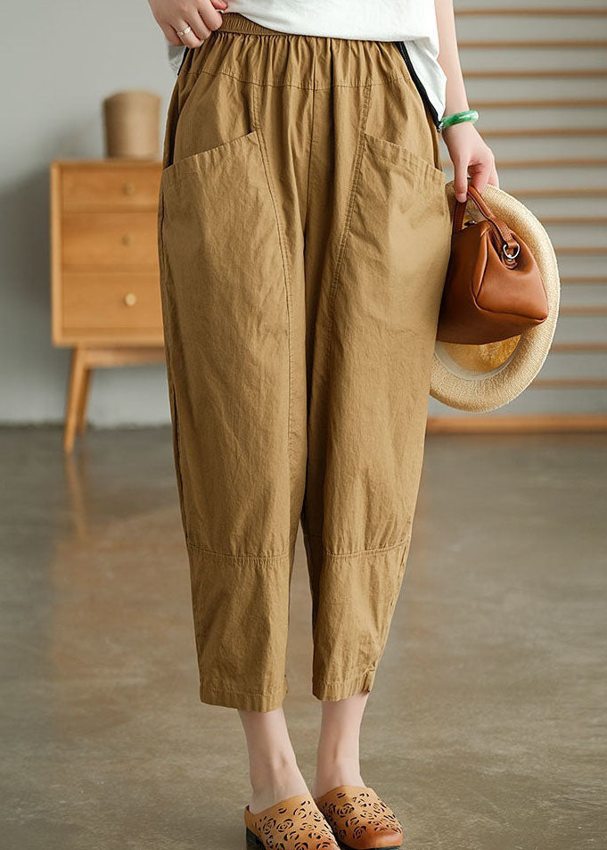 Loose Khaki Pockets Patchwork Cotton Crop Pants Summer