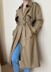 Loose Khaki Pockets Tie Waist Cotton Trench Coat Long Sleeve