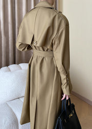 Loose Khaki Pockets Tie Waist Cotton Trench Coat Long Sleeve