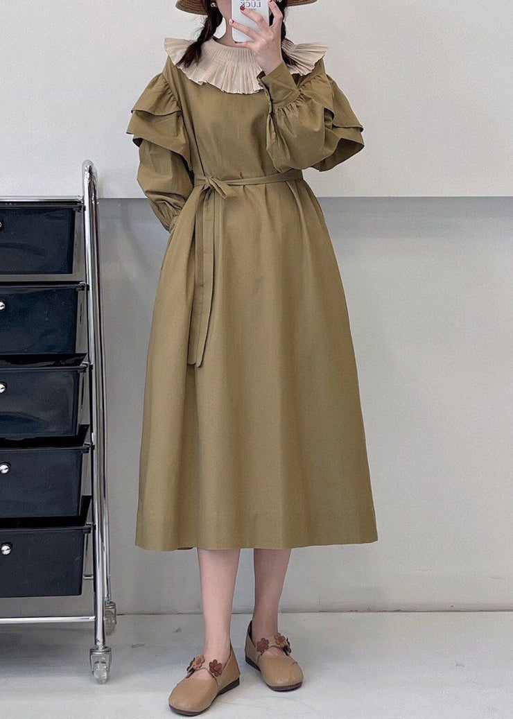 Loose Khaki Ruffled Tie Waist Cotton Dress Long Sleeve