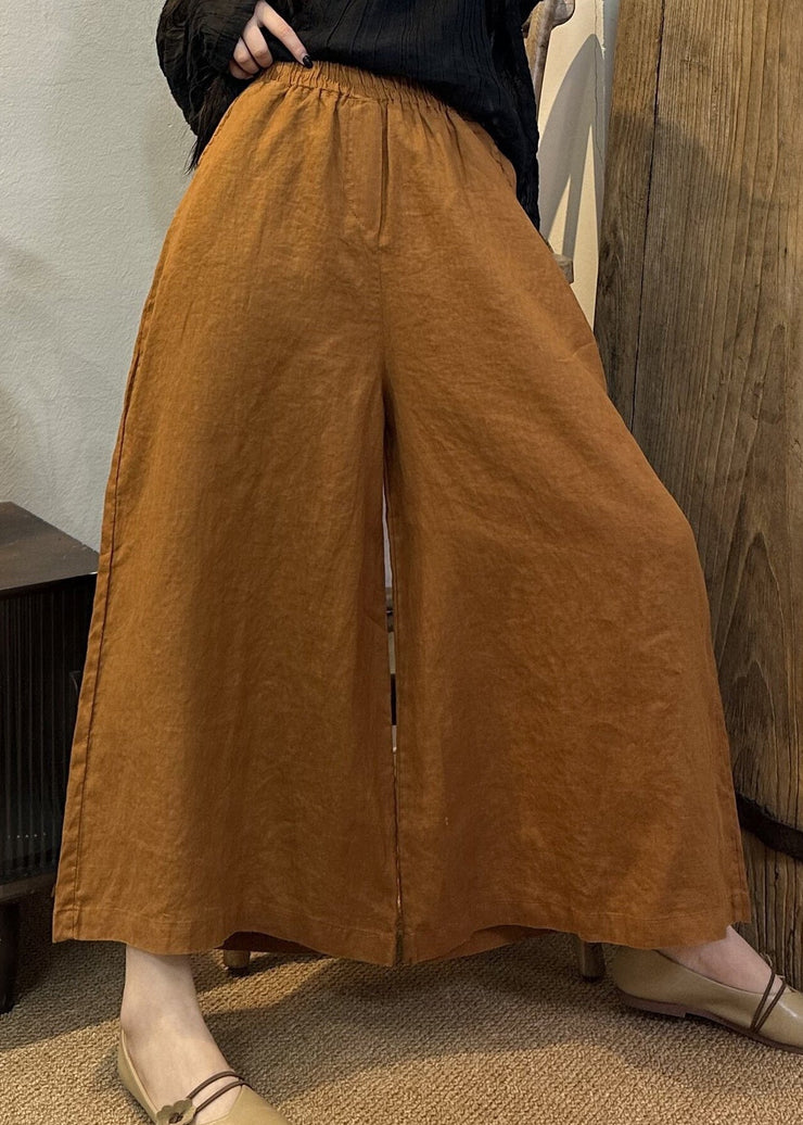 Loose Khaki Solid Elastic Waist Linen Wide Leg Pants Summer