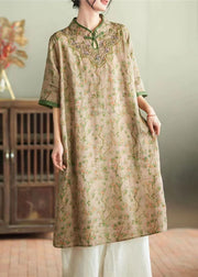 Loose Khaki Stand Collar Embroideried Button Ramie Maxi Dress Half Sleeve