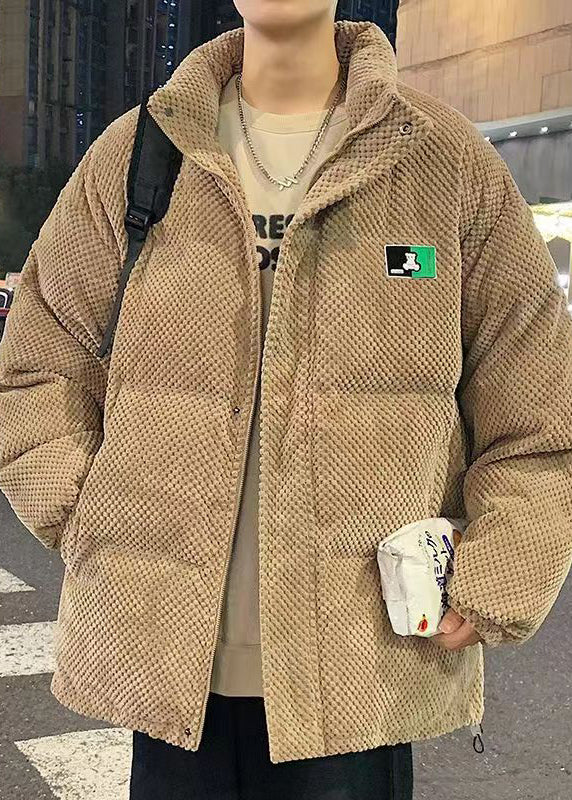 Loose Khaki Stand Collar Zip Up Pockets Men Parka Winter